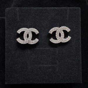 CHANEL Crystal CC Logo Stud Earrings in Silver Tone